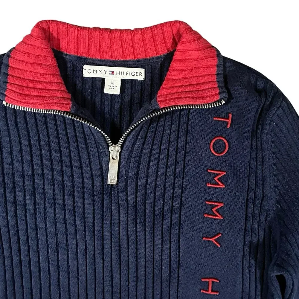 Y2K Tommy Hilfiger Ribbed Logo 1/2 Zip Sweater - M - Picture 2 of 3